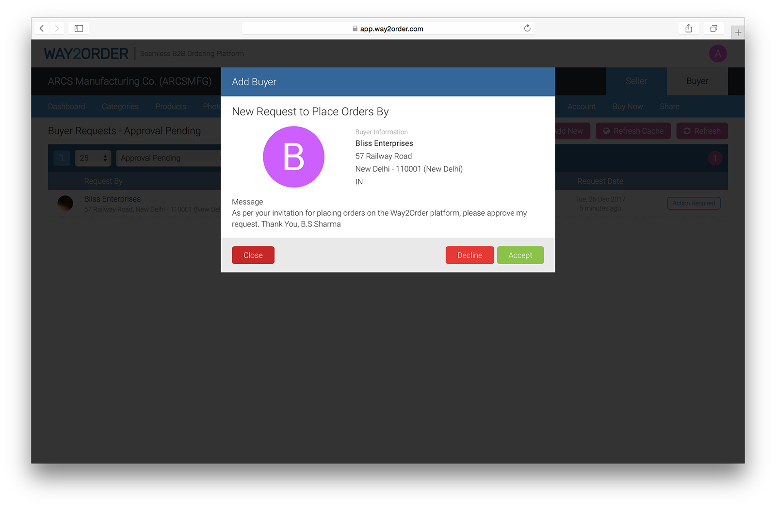 Way2Order B2B Ordering App : Accept Buyer Request