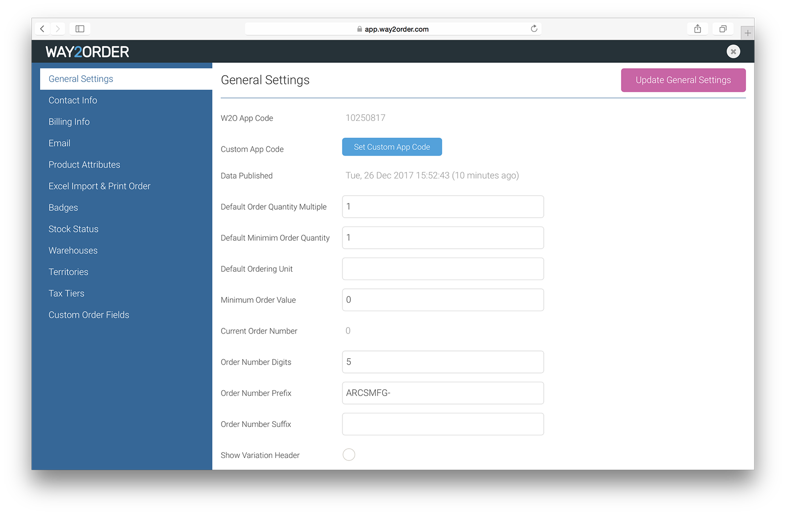 Way2Order B2B Ordering App : Detailed Settings