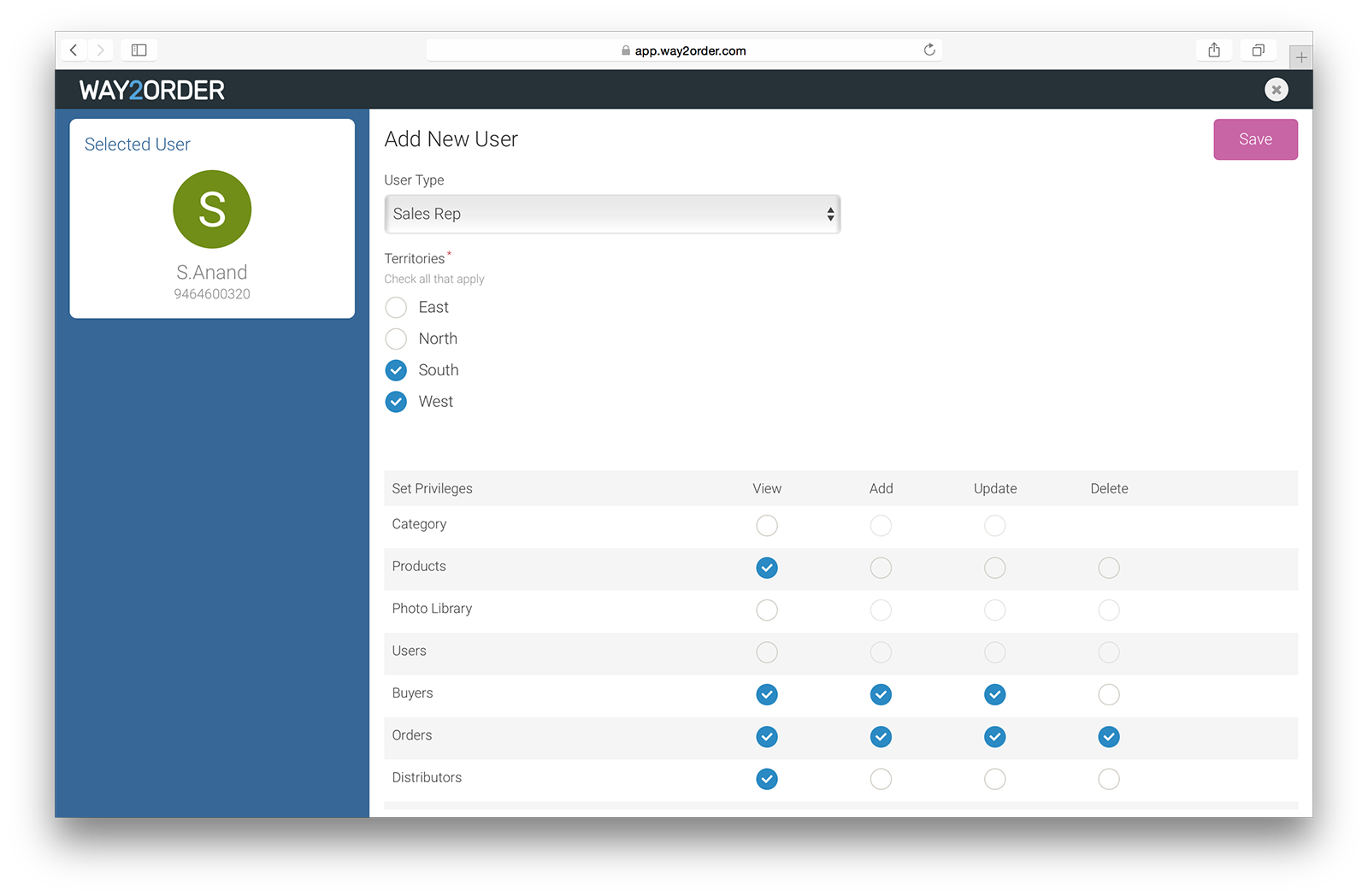 Way2Order B2B Ordering App : Defining User / Sales Rep Privileges